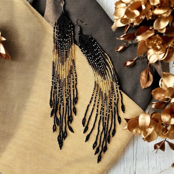 Sexy Dramatic Black and Gold Glass Beaded Fringe Earrings Handmade - Picture 9 of 16